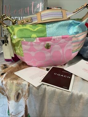 Coach Multicolor Patchwork Hobo Shoulder Bag with Pink Front Panel